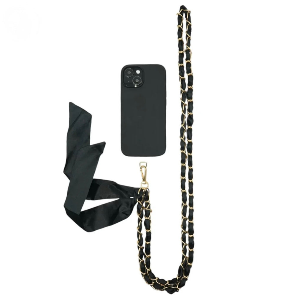 Black satin crossbody phone chain