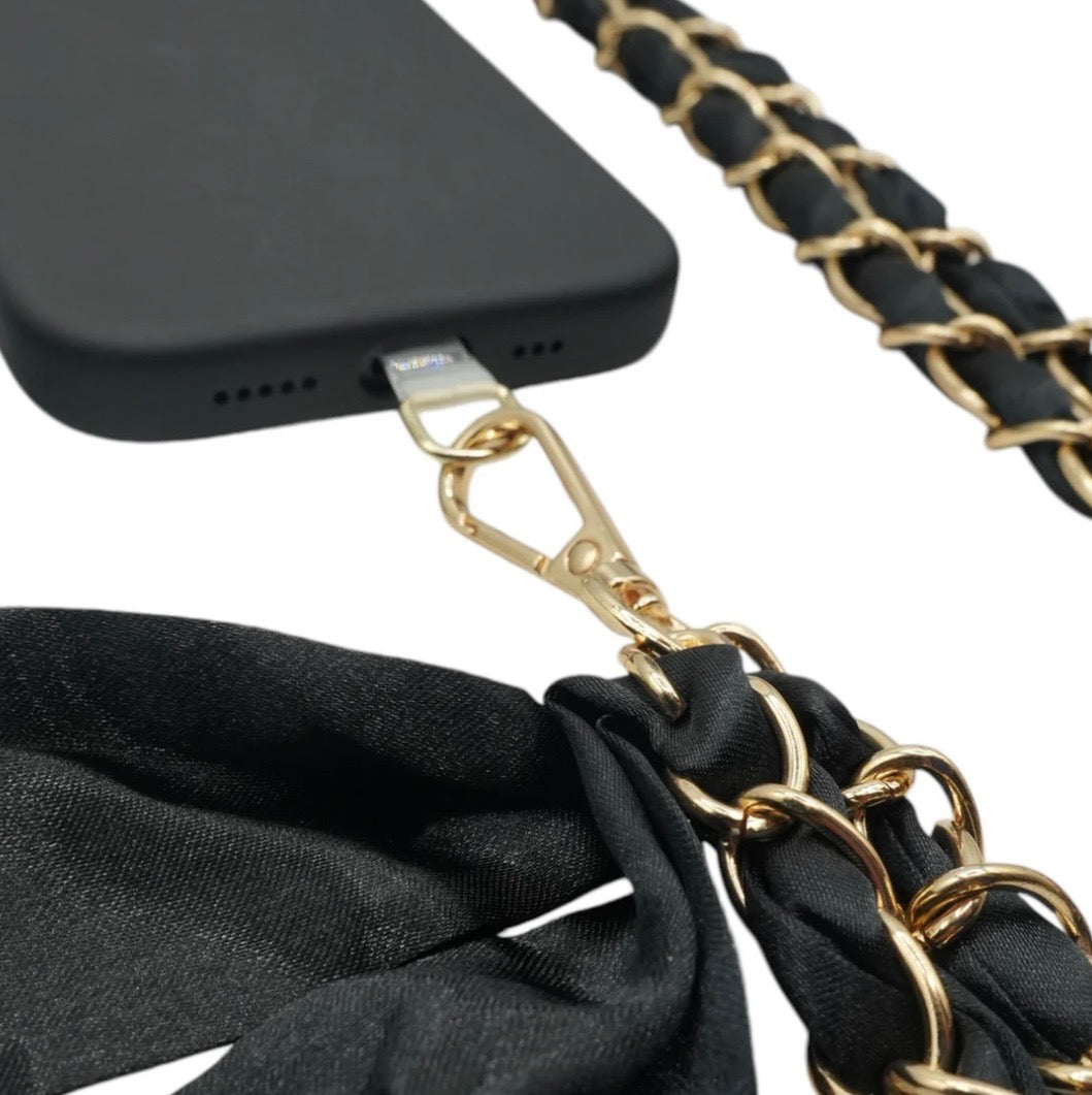 Black satin crossbody phone chain